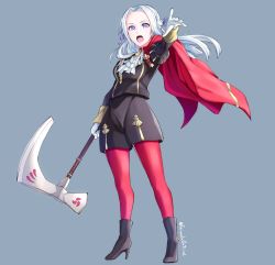 Rule 34 | 1girl, absurdres, ascot, axe, breasts, cape, edelgard von hresvelg, facing viewer, female focus, fire emblem, fire emblem: three houses, full body, gloves, grey background, grimmelsdathird, hair ornament, hair ribbon, high heels, highres, holding, holding axe, holding weapon, long hair, looking at viewer, medium breasts, nintendo, open mouth, pantyhose, pantyhose under shorts, purple eyes, purple ribbon, red cape, red pantyhose, ribbon, short hair, shorts, signature, simple background, solo, standing, twitter username, uniform, weapon, white ascot, white gloves, white hair