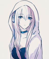 Rule 34 | 1girl, beige background, black dress, blue eyes, collar, commentary request, dress, empty eyes, expressionless, head tilt, headphones, hood, hooded jacket, jacket, long hair, looking at viewer, megurine luka, moa0291, pink hair, solo, tsurime, upper body, vocaloid, white jacket