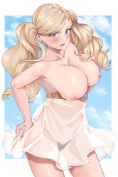 Rule 34 | 1girl, absurdres, blonde hair, blue eyes, blush, breasts, cosplay, dress, earrings, granblue fantasy, highres, incloud, jewelry, large breasts, long hair, lyria (granblue fantasy), lyria (granblue fantasy) (cosplay), nipples, no panties, open mouth, persona, persona 5, ring, see-through, shiny skin, solo, takamaki anne, twintails