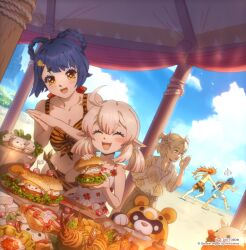 Rule 34 | 2girls, 3boys, :d, ^ ^, ahoge, albedo (genshin impact), arm behind back, barefoot, beach, bikini, blonde hair, blue hair, blush stickers, bread slice, child, closed eyes, commentary, copyright notice, dark blue hair, day, diluc (genshin impact), dottobow, double-parted bangs, dutch angle, english commentary, fleeing, food, genshin impact, gloom (expression), grabbing another&#039;s hair, guoba (genshin impact), hair between eyes, hand up, hands up, happy, highres, kaeya (genshin impact), klee (genshin impact), leaning to the side, long hair, looking at another, male swimwear, medium hair, multiple boys, multiple girls, navel, ocean, one-piece swimsuit, open mouth, orange hair, outdoors, own hands together, pink hair, sand, shirt, short hair, short twintails, smile, sparkle, stomach, swimsuit, toast, twintails, very long hair, xiangling (genshin impact), yellow eyes