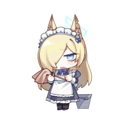 Rule 34 | 1girl, alternate costume, animal ears, apron, black dress, blonde hair, blue archive, bow, bowtie, brown pantyhose, bucket, chibi, dog ears, dress, duster, enmaided, extra ears, full body, hair over one eye, highres, kanna (blue archive), long hair, long sleeves, looking at viewer, maid, maid apron, maid headdress, notched ear, open mouth, pantyhose, sharp teeth, shoes, sidelocks, simple background, solo, standing, sweatdrop, teeth, tosankaku, white background