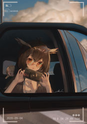 Rule 34 | 2girls, absurdres, anhao1224, arknights, blonde hair, brown-tinted eyewear, brown hair, camera, car, commentary, dated, demon horns, dusk, fang, feather hair, glasses, highres, holding, holding camera, horns, ifrit (arknights), charm (object), mirror, motor vehicle, multiple girls, open mouth, orange-tinted eyewear, orange-tinted glasses, red-tinted eyewear, red-tinted glasses, short hair, signature, silence (arknights), skin fang, sleeping, sunglasses, tinted eyewear, twintails, viewfinder