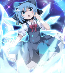 Rule 34 | 1girl, blouse, blue dress, blue eyes, blue hair, bow, cirno, do (4-rt), dress, dress shirt, hair bow, highres, ice, ice wings, matching hair/eyes, open mouth, puffy sleeves, red bow, shirt, short hair, solo, touhou, white shirt, wings