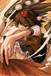 Rule 34 | 1girl, bird wings, black skirt, black wings, brown eyes, brown hair, commentary request, cowboy shot, foreshortening, frilled skirt, frills, hand fan, hat, hauchiwa, highres, holding, holding fan, leaf print, long hair, maple leaf print, pom pom (clothes), red hat, rlwezar, shameimaru aya, shirt, short sleeves, skirt, solo, tokin hat, touhou, white shirt, wings