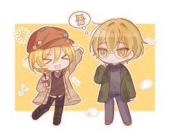 Rule 34 | &gt; &lt;, 1boy, 1girl, arm up, blonde hair, blush stickers, brown coat, brown headwear, brown pants, brown vest, chibi, closed eyes, coat, collared shirt, commentary request, creammoonn, crossed bangs, cup, don quixote (project moon), glasses, green jacket, grey pants, grey sweater, hair between eyes, hat, holding, holding cup, jacket, korean commentary, limbus company, long sleeves, open clothes, open coat, open jacket, open mouth, pants, plaid, plaid pants, project moon, round eyewear, shirt, short hair, sinclair (project moon), sweater, turtleneck, turtleneck sweater, vest, white shirt, yellow eyes