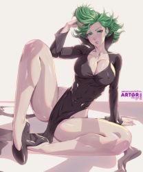 Rule 34 | 1girl, aged up, alternate breast size, artist name, arttoru, bare legs, black dress, blush, breasts, cleavage, covered navel, curly hair, curvy, dress, green eyes, green hair, highres, large breasts, legs apart, lips, long sleeves, looking at viewer, no panties, one-punch man, shiny skin, simple background, sitting, solo, spread legs, tatsumaki, thick thighs, thighs