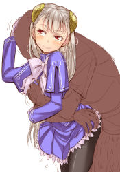 Rule 34 | 1girl, ass grab, black pantyhose, blush, bow, bowtie, grabbing another&#039;s breast, breath, capcom fighting jam, capelet, closed mouth, grabbing, hairpods, implied sex, ingrid (capcom), long hair, long sleeves, miniskirt, motion lines, pantyhose, pleated skirt, purple capelet, purple skirt, red eyes, refance, silver hair, simple background, sketch, skirt, smile, straight hair, street fighter, white background, white bow, white neckwear