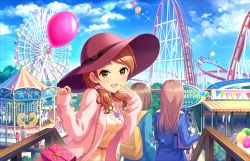 Rule 34 | 10s, bag, balloon, blush, brown eyes, carousel, cloud, day, dress, ferris wheel, hat, houjou karen, idolmaster, idolmaster cinderella girls, idolmaster cinderella girls starlight stage, jewelry, long hair, looking at viewer, low twintails, multiple girls, nail polish, necklace, official art, open mouth, orange hair, pink nails, sky, smile, sweater, twintails