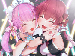 2girls, ^ ^, absurdres, bare shoulders, blush, closed eyes, eyes closed, glomp, gloves, highres, hololive, houshou marine, hug, idol, idol clothes, kohe billialot, minato aqua, multiple girls, nonstop story, open mouth, purple hair, red hair, smile, thighhighs, twitter username, upper body, white gloves, yuri, |d