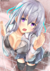 Rule 34 | against glass, bad id, bad pixiv id, black bra, black legwear, blush, bra, breasts, cleavage, collarbone, kanzaki kureha, large breasts, long hair, open mouth, original, purple eyes, silver hair, solo, twintails, two side up, underwear, wet, wet clothes