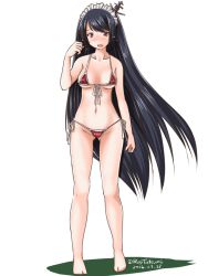 Rule 34 | 10s, 1girl, alternate costume, barefoot, bikini, black hair, blush, breasts, front-tie bikini top, front-tie top, full body, fusou (kancolle), hair ornament, japanese clothes, kantai collection, long hair, looking at viewer, maid headdress, micro bikini, navel, open mouth, red bikini, red eyes, side-tie bikini bottom, simple background, solo, standing, swimsuit, tatsumi ray, twitter username, very long hair, white background