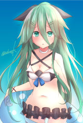 Rule 34 | 1girl, adapted costume, bikini, black bikini, black ribbon, blue background, breasts, cleavage, commentary request, cowboy shot, frilled bikini, frills, gradient background, green eyes, green hair, hair between eyes, hair ornament, hair ribbon, hairclip, highres, innertube, kamijou sadame, kantai collection, long hair, looking at viewer, medium breasts, one-hour drawing challenge, parted bangs, ponytail, ribbon, sidelocks, solo, swim ring, swimsuit, yamakaze (kancolle)