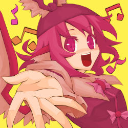 Rule 34 | 1girl, :d, animal ears, female focus, foreshortening, hat, ke-su, music, musical note, mystia lorelei, open mouth, outstretched hand, pink eyes, pink hair, short hair, simple background, singing, smile, solo, touhou, wings, yellow background