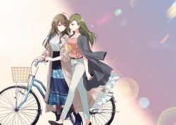 Rule 34 | 2girls, bicycle, black footwear, blue skirt, braid, brown hair, casual, commentary request, earrings, floating hair, green hair, hair down, holding another&#039;s arm, idolmaster, idolmaster shiny colors, jacket, jacket on shoulders, jewelry, kuwayama chiyuki, lens flare, light smile, long hair, long jacket, long skirt, looking at another, multiple girls, nanakusa hazuki, necklace, pants, pantyhose, profile, romi (346 ura), shoes, side-by-side, skirt, sleeves pushed up, yuri