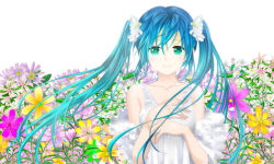 Rule 34 | 1girl, aqua hair, collarbone, dress, field, flower, flower field, green eyes, grin, hands on own chest, hatsune miku, long hair, looking at viewer, mariwai (marireroy), portrait, smile, solo, twintails, very long hair, vocaloid, white dress