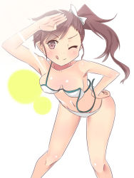 Rule 34 | &gt;;), 1girl, :q, ;q, bikini, breasts, brown eyes, brown hair, futami mami, hair ribbon, hand on own hip, idolmaster, idolmaster (classic), leaning forward, looking at viewer, navel, one eye closed, ponytail, ribbon, salute, side ponytail, smile, solo, swimsuit, tobibako (cure goma), tongue, tongue out, v-shaped eyebrows, vaulting horse, wardrobe malfunction, white bikini, wink