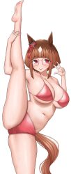 Rule 34 | 1girl, :p, alternate costume, bare shoulders, barefoot, bikini, breasts, brown hair, cleavage, ear ornament, highres, horse girl, horse tail, large breasts, multicolored hair, navel, plump, red-framed eyewear, red bikini, red eyes, simple background, smile, soles, solo, split, standing, standing on one leg, standing split, streaked hair, sukenoha, swimsuit, tail, thighs, tongue, tongue out, transcend (umamusume), umamusume, w, white background, white hair