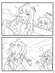Rule 34 | 2koma, :d, = =, ahoge, anger vein, blush, character name, closed eyes, collared shirt, comic, commentary, dress shirt, emphasis lines, english commentary, fang, gangut (kancolle), greyscale, guin guin, hair between eyes, holding, holding smoking pipe, kantai collection, long hair, monochrome, open mouth, pleated skirt, running, sailor collar, school uniform, serafuku, shigure (kancolle), shirt, short sleeves, silent comic, sitting, skirt, smile, smoke, smoking, smoking pipe, very long hair