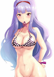 Rule 34 | 1girl, bikini, bikini in mouth, bottomless, breasts, cleavage, clothes in mouth, groin, hairband, highres, idolmaster, idolmaster (classic), kozy, large breasts, looking at viewer, mouth hold, polka dot, polka dot bikini, polka dot swimsuit, purple eyes, purple hair, shijou takane, simple background, smile, solo, swimsuit, white background