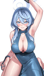 Rule 34 | 1girl, ako (blue archive), ako (dress) (blue archive), arm up, armpits, backless dress, backless outfit, blue archive, blue dress, blue eyes, blue hair, blue halo, breasts, cuffs, deras, dress, halo, highres, jewelry, large breasts, no panties, sandals, simple background, white background