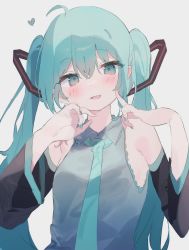 Rule 34 | 1girl, ahoge, aqua eyes, aqua hair, aqua nails, aqua necktie, armpit crease, black sleeves, breasts, collared shirt, detached sleeves, dot nose, finger to cheek, grey background, hands up, hatsune miku, highres, light blush, long hair, looking at viewer, nail polish, necktie, otintin, parted lips, shirt, simple background, sleeveless, sleeveless shirt, small breasts, solo, twintails, upper body, vocaloid