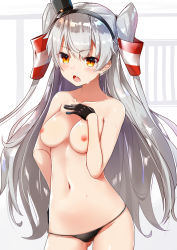Rule 34 | 1girl, amatsukaze (kancolle), black gloves, black panties, breasts, brown eyes, collarbone, cowboy shot, gloves, hair tubes, hand on own chest, hat, kantai collection, long hair, mini hat, navel, nipples, panties, silver hair, small breasts, solo, topless, two side up, underwear, underwear only, yuuzuki (re&#039;ef)