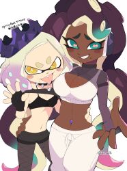 Rule 34 | 2girls, aqua eyes, aqua hair, black bra, black collar, black gloves, black pantyhose, black shirt, black shorts, blonde hair, blush stickers, bra, breasts, brown hair, cephalopod eyes, cleavage, clothes lift, collar, commentary request, cowboy shot, crown, dark-skinned female, dark skin, fang, fingerless gloves, fishnet pantyhose, fishnets, furrowed brow, gloves, gradient hair, grin, hand on another&#039;s waist, headphones, highres, inkling, kiirono, large breasts, lifted by self, long hair, marina (splatoon), medium hair, midriff, mole, mole under mouth, multicolored hair, multiple girls, navel, navel piercing, nintendo, octoling, official alternate costume, orange eyes, outstretched arm, pants, pantyhose, pearl (splatoon), piercing, pink hair, pink pupils, reaching, reaching towards viewer, shirt, shirt lift, shorts, small breasts, smile, spiked collar, spikes, splatoon (series), splatoon 3, standing, star-shaped pupils, star (symbol), symbol-shaped pupils, tentacle hair, tongue, tongue out, translation request, twitter username, two-tone hair, underwear, v-shaped eyebrows, very long hair, white background, white bra, white pants