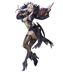 Rule 34 | 1girl, aversa (fire emblem), black footwear, black thighhighs, book, breasts, cleavage, dark-skinned female, dark skin, facial mark, fingernails, fire emblem, fire emblem awakening, fire emblem heroes, full body, garter straps, high heels, highres, large breasts, long fingernails, long hair, nail polish, nintendo, official art, parted bangs, parted lips, silver hair, smile, solo, thighhighs, transparent background