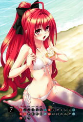 Rule 34 | 10s, 1girl, 2012, absurdres, ahoge, bare legs, bare shoulders, barefoot, beach, bikini, bow, breasts, calendar, cleavage, corticarte apa lagranges, food, food on face, front-tie top, hair bow, highres, ice cream, july, kannatsuki noboru, long hair, navel, official art, open mouth, ponytail, red eyes, red hair, scan, sexually suggestive, shinkyoku soukai polyphonica, side-tie bikini bottom, sitting, small breasts, solo, swimsuit, wariza, white bikini