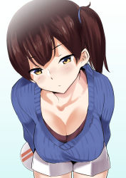 Rule 34 | 10s, 1girl, alternate costume, arms behind back, bad id, bad pixiv id, blue background, blue shirt, breasts, brown eyes, brown hair, casual, cleavage, collarbone, commentary request, cowboy shot, gradient background, highres, kaga (kancolle), kantai collection, large breasts, leaning forward, looking at viewer, sanku, shirt, shorts, side ponytail, solo, white background, white shorts