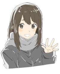 Rule 34 | 1girl, :d, absurdres, bad id, bad twitter id, blush, brown eyes, brown hair, cropped torso, donguri suzume, grey jacket, grey scarf, highres, jacket, long hair, long sleeves, open mouth, original, scarf, simple background, smile, solo, waving, white background