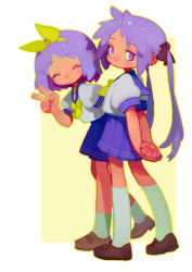 Rule 34 | 2girls, :/, arms behind back, blue sailor collar, blue skirt, blush, border, bow, brown bow, brown footwear, closed eyes, closed mouth, double horizontal stripe, fl (l-fl), from behind, full body, hair bow, hair ornament, hand up, hiiragi kagami, hiiragi tsukasa, jitome, kneehighs, loafers, long hair, looking at viewer, looking back, lucky star, medium hair, miniskirt, multiple girls, neckerchief, outline, outside border, own hands together, pleated skirt, purple eyes, purple hair, ryouou school uniform, sailor collar, school uniform, serafuku, shirt, shoes, short sleeves, siblings, sidelocks, simple background, sisters, skirt, smile, socks, straight hair, turning head, twintails, v, very long hair, white border, white shirt, white socks, yellow background, yellow bow, yellow neckerchief, yellow outline