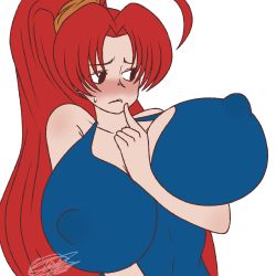 Rule 34 | absurdres, breasts, crysnickel, eiken, covered erect nipples, gigantic breasts, hands on own chest, highres, huge breasts, long hair, ponytail, red hair, shinonome chiharu, underwear