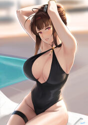 Rule 34 | 1girl, armpits, arms up, artist name, black one-piece swimsuit, blurry, breasts, brown eyes, brown hair, depth of field, dsr-50 (girls&#039; frontline), girls&#039; frontline, highres, kion-kun, large breasts, looking at viewer, one-piece swimsuit, short hair, solo, swimming, swimsuit, thighs
