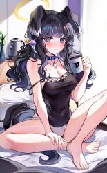 Rule 34 | 1girl, absurdres, animal ears, barefoot, black camisole, black hair, blue archive, blush, breasts, camisole, closed mouth, collar, collarbone, covered erect nipples, cup, day, dog ears, hair bobbles, hair ornament, halo, hand on own leg, hibiki (blue archive), highres, holding, holding cup, indoors, large breasts, long hair, looking at viewer, no pants, panties, plant, sak (lemondisk), solo, strap slip, tail, thighs, underwear, white panties
