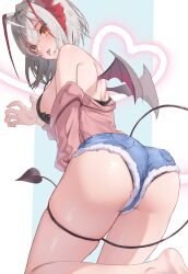 Rule 34 | 1girl, absurdres, ahoge, alternate costume, antennae, arknights, ass, bare shoulders, black camisole, black wings, blue shorts, breasts, brown jacket, camisole, commentary request, demon girl, demon horns, demon tail, demon wings, denim, denim shorts, from behind, grey hair, heart, highres, horns, jacket, kneeling, large breasts, looking at viewer, looking back, off shoulder, orange eyes, red horns, shitomu1, short hair, short shorts, shorts, simple background, skindentation, solo, tail, thigh strap, tongue, tongue out, w (arknights), wings