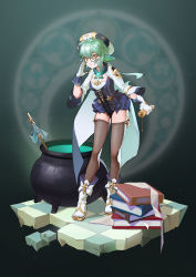 Rule 34 | 1girl, absurdres, anemo (genshin impact), animal ears, beret, black thighhighs, blue dress, blush, book, breasts, cat ears, cat girl, cauldron, dingzi, dress, genshin impact, glasses, gloves, gold trim, green hair, hat, highres, long sleeves, looking at viewer, multicolored hair, open mouth, orange eyes, ponytail, scroll, semi-rimless eyewear, solo, sucrose (genshin impact), thighhighs, vision (genshin impact)