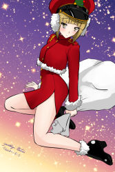 Rule 34 | 1girl, aiguillette, ankle boots, artist name, black footwear, blonde hair, blunt bangs, blush, bob cut, boots, christmas, closed mouth, commentary, cutlass (girls und panzer), dated, dress, earmuffs, epaulettes, fur-trimmed footwear, fur-trimmed jacket, fur trim, girls und panzer, gradient sky, hat, high heel boots, high heels, holding, holding behind back, holding sack, jacket, kneeling, light frown, long sleeves, looking at viewer, matsui yasutsugu, peaked cap, pencil dress, red dress, red hat, red jacket, sack, short dress, short hair, side slit, signature, sky, solo, star (sky), starry sky, yellow eyes