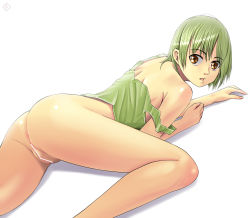Rule 34 | 1girl, anus, ass, bad id, bad pixiv id, bottomless, brown eyes, censored, green hair, lying, on stomach, original, pussy, raybar, short hair, solo, strap slip, yellow eyes