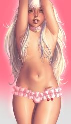 Rule 34 | 1boy, androgynous, armpits, arms up, artist name, blue eyes, bulge, choker, long hair, looking at viewer, male focus, navel, nipples, nitrile, original, panties, silver hair, simple background, solo, trap, underwear