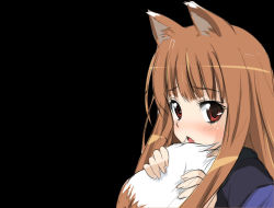 Rule 34 | 00s, animal ears, black background, brown hair, holo, red eyes, spice and wolf, tail, wolf ears, wolf tail