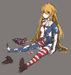 Rule 34 | 1girl, after rape, alternate legwear, american flag dress, american flag legwear, bad id, bad pixiv id, blonde hair, breast slip, breasts, clownpiece, cum, cum in mouth, cum in pussy, empty eyes, female focus, full body, grey background, hat, highres, jester cap, legacy of lunatic kingdom, long hair, nipples, one breast out, rape, red eyes, shoes, simple background, single shoe, sitting, small breasts, solo, striped clothes, striped thighhighs, tears, thighhighs, torn clothes, touhou, unitsu, unworn hat, unworn headwear, unworn shoes, very long hair