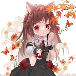 Rule 34 | 1girl, amafuyu, animal, animal ears, autumn leaves, black dress, black hair, braid, branch, brown hair, bug, butterfly, character doll, collared shirt, commentary request, dress, flower, highres, holding, insect, leaf, long hair, maple leaf, necktie, original, puffy short sleeves, puffy sleeves, rabbit ears, red necktie, shirt, short necktie, short sleeves, sleeveless, sleeveless dress, solo, strap slip, twin braids, very long hair, white background, white flower, white shirt, wrist cuffs