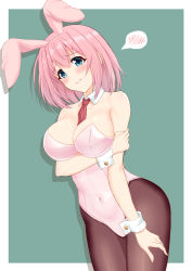 Rule 34 | 1girl, absurdres, animal ears, bare arms, bare shoulders, between breasts, black pantyhose, blue eyes, blush, border, breast hold, breasts, cleavage, closed mouth, collarbone, commentary, completely nude, covered navel, cowboy shot, detached collar, fake animal ears, highleg, highleg leotard, highres, leotard, medium breasts, medium hair, necktie, necktie between breasts, nude, outside border, pantyhose, pink hair, pink leotard, playboy bunny, princess connect!, red necktie, shadow, simple background, solo, speech bubble, strapless, strapless leotard, two-tone background, wavy mouth, white border, wrist cuffs, yui (princess connect!), yumejidake