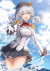 Rule 34 | 1girl, beret, black skirt, blue eyes, blue sky, blush, breasts, buttons, cloud, collared shirt, commentary, day, epaulettes, frilled sleeves, frills, gloves, grey shirt, hair between eyes, half-closed eyes, hat, highres, jacket, kantai collection, kashima (kancolle), large breasts, long hair, long sleeves, looking at viewer, military, military jacket, military uniform, miniskirt, neckerchief, open mouth, outdoors, partially submerged, pleated skirt, reaching, reaching towards viewer, red neckerchief, shirt, sidelocks, silver hair, skirt, sky, smile, solo, splashing, sunlight, terry (pixiv3274443), tsurime, twintails, uniform, wading, wavy hair, white gloves, white jacket