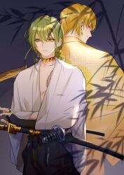 Rule 34 | 1boy, 1other, androgynous, chain, enkidu (fate), fate/strange fake, fate (series), gilgamesh (fate), glowing, glowing clothes, glowing eyes, green hair, hair between eyes, highres, long hair, looking at viewer, male focus, robe, rrr (reason), shirt, smile, solo, upper body, very long hair, white robe, white shirt, yellow eyes