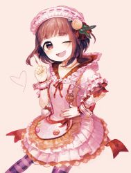 1girl apron blush brown_hair dress frilled_dress frills hair_ornament hat heart idolmaster idolmaster_cinderella_girls index_finger_raised kitami_yuzu looking_at_viewer one_eye_closed open_mouth pink_dress sasasasa short_hair simple_background smile solo striped_clothes striped_thighhighs thighhighs