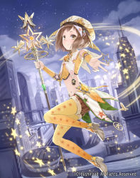 Rule 34 | 1girl, brown eyes, brown hair, building, cardfight!! vanguard, company name, hat, midriff, navel, night, night sky, official art, pantyhose, sky, solo, staff, star (sky), star (symbol), stellar magus, tadokoro teppei