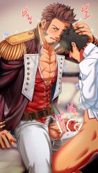 Rule 34 | 2boys, bar censor, bara, blue eyes, blush, brown hair, censored, condom, condom on penis, cum, epaulettes, erection, facial hair, fate/grand order, fate (series), foreskin, foreskin insertion, fringe trim, fujimaru ritsuka (male), goatee, hifumi (3b x), highres, long sideburns, long sleeves, male focus, military, military uniform, multiple boys, muscular, napoleon bonaparte (fate), open clothes, pectorals, penis, penises touching, scar, sideburns, testicles, unbuttoned, uniform, used condom, used condom on penis, yaoi