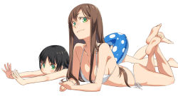 Rule 34 | 2girls, :o, ass, bad id, bad pixiv id, barefoot, bikini, black hair, blue one-piece swimsuit, blush stickers, breasts, brown hair, closed mouth, eyelashes, feet, green eyes, head tilt, innertube, kimura (ykimu), large breasts, legs up, long hair, looking at viewer, lying, multiple girls, on stomach, one-piece swimsuit, original, outstretched arms, own hands together, palms, polka dot, school swimsuit, short hair, side-tie bikini bottom, sideboob, simple background, smile, soles, spread fingers, swim ring, swimsuit, the pose, white background, white bikini